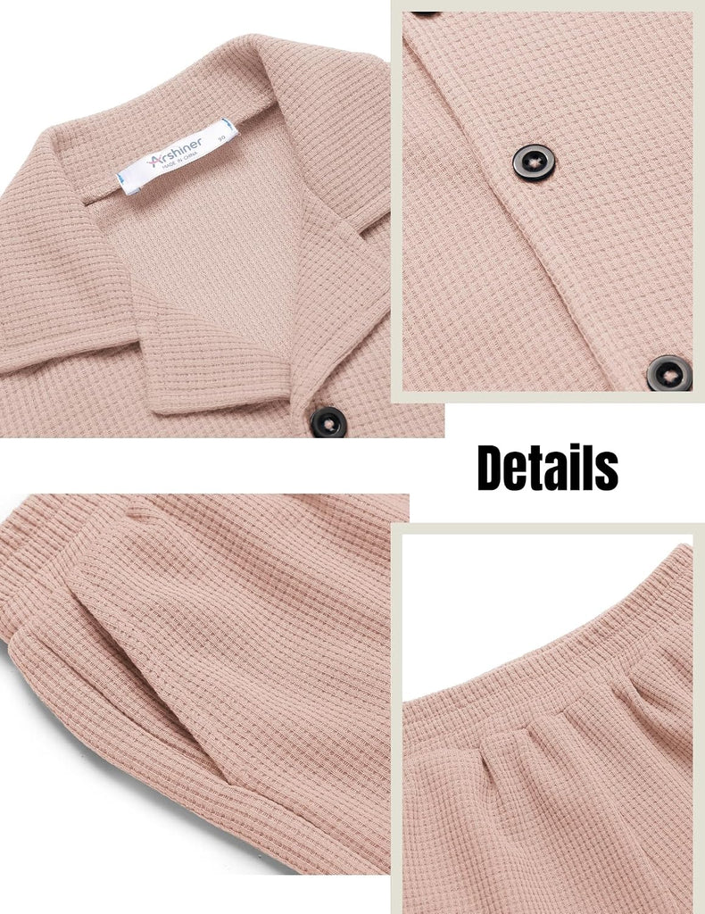 Toddler Boys 2 Piece Summer Outfits Waffle Knit Short Sleeve Button Down Shirt & Casual Shorts Sets