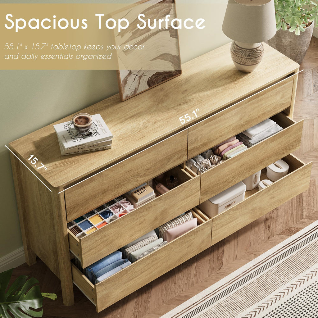 Oak 6 Drawer Dresser, 55" Wide Modern Wood Dresser