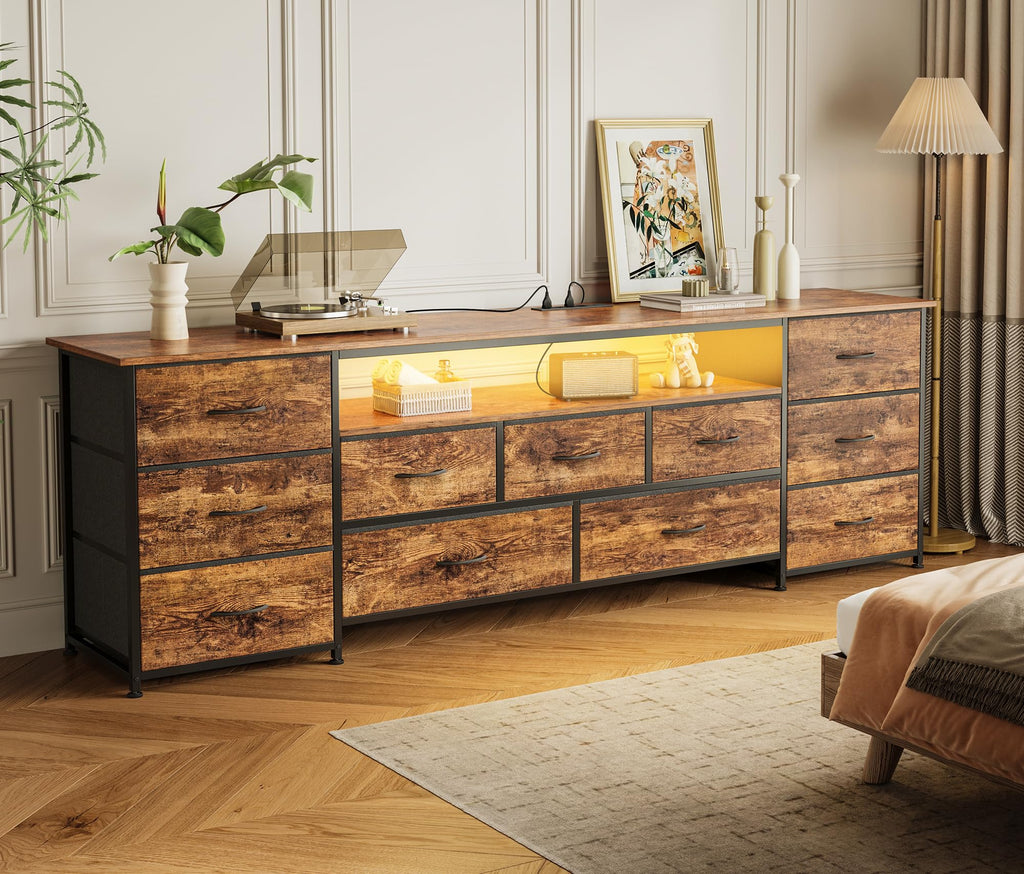 70 Inch TV Stand for 75, 80 Inch TV, 11 Drawer Long Dresser with Power Outlets and LED Lights, Entertainment Center