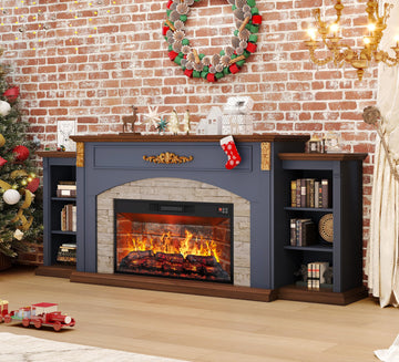 80" TV Stand with Fireplace for TVs Up to 90 Inch, 30" Red Brick Fire Place Insert Heater, Farmhouse Entertainment