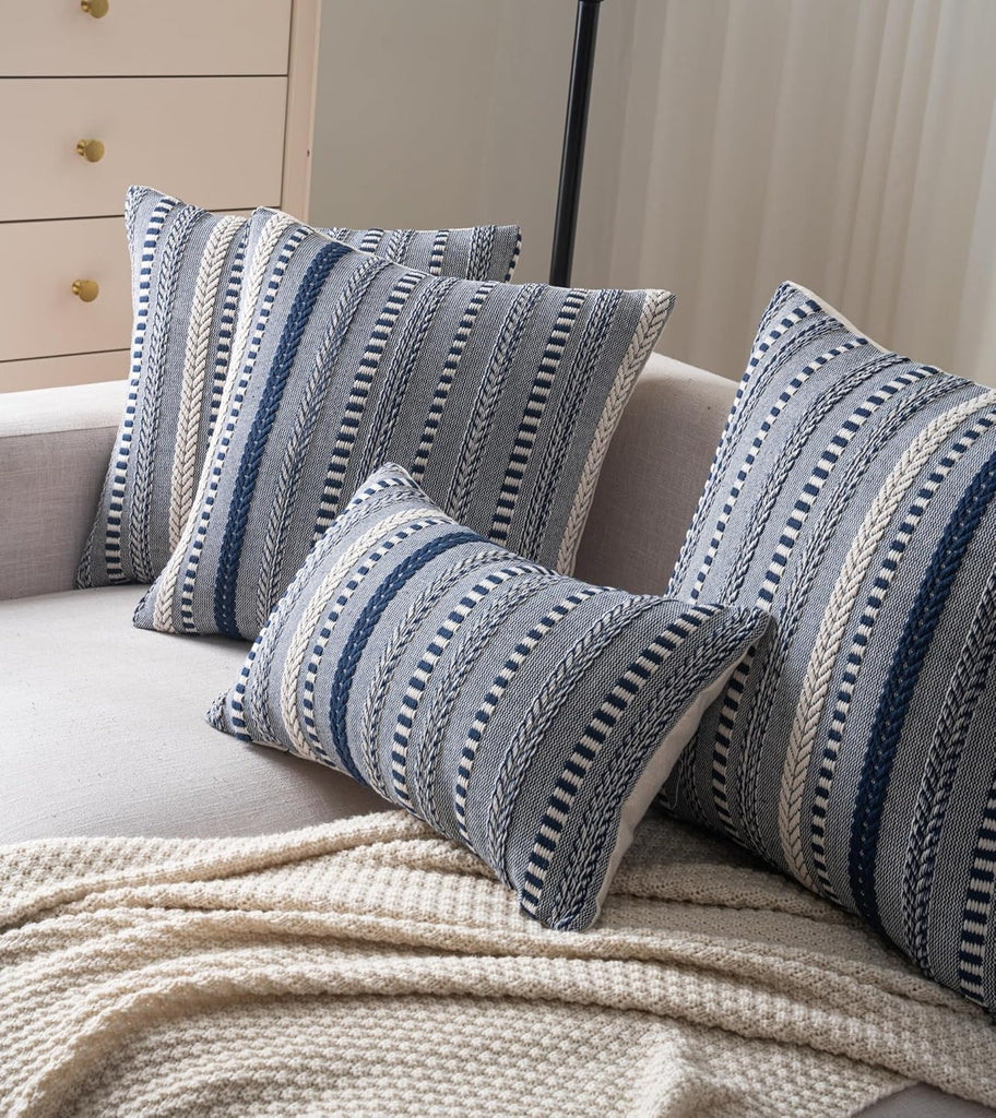 Boho Throw Pillow Covers 18x18 Inch Set of 2, Farmhouse Decorative Couch Pillow Cases, Navy Blue Accent Pillows of