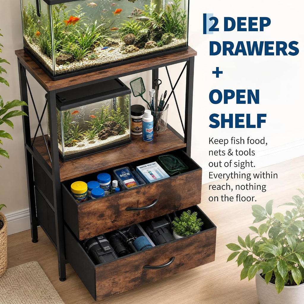 Aquarium Stand 5-10 Gallon with 2-Tier Shelf, Fish Tanks Stand with 2 Drawers, Metal Frame Heavy Duty Reptile/Turtle