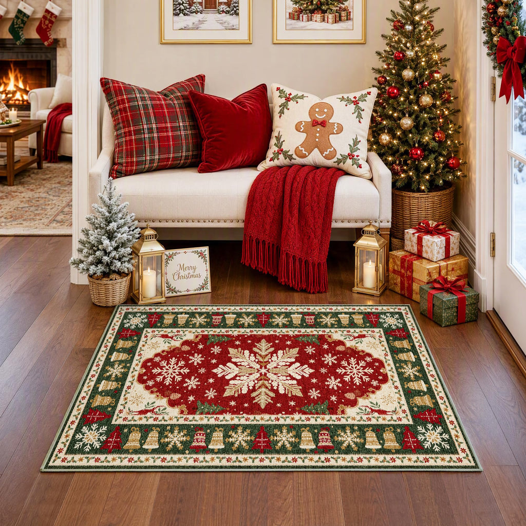 Christmas Red Snowflake Medallion Xmas Washable Entryway Rug