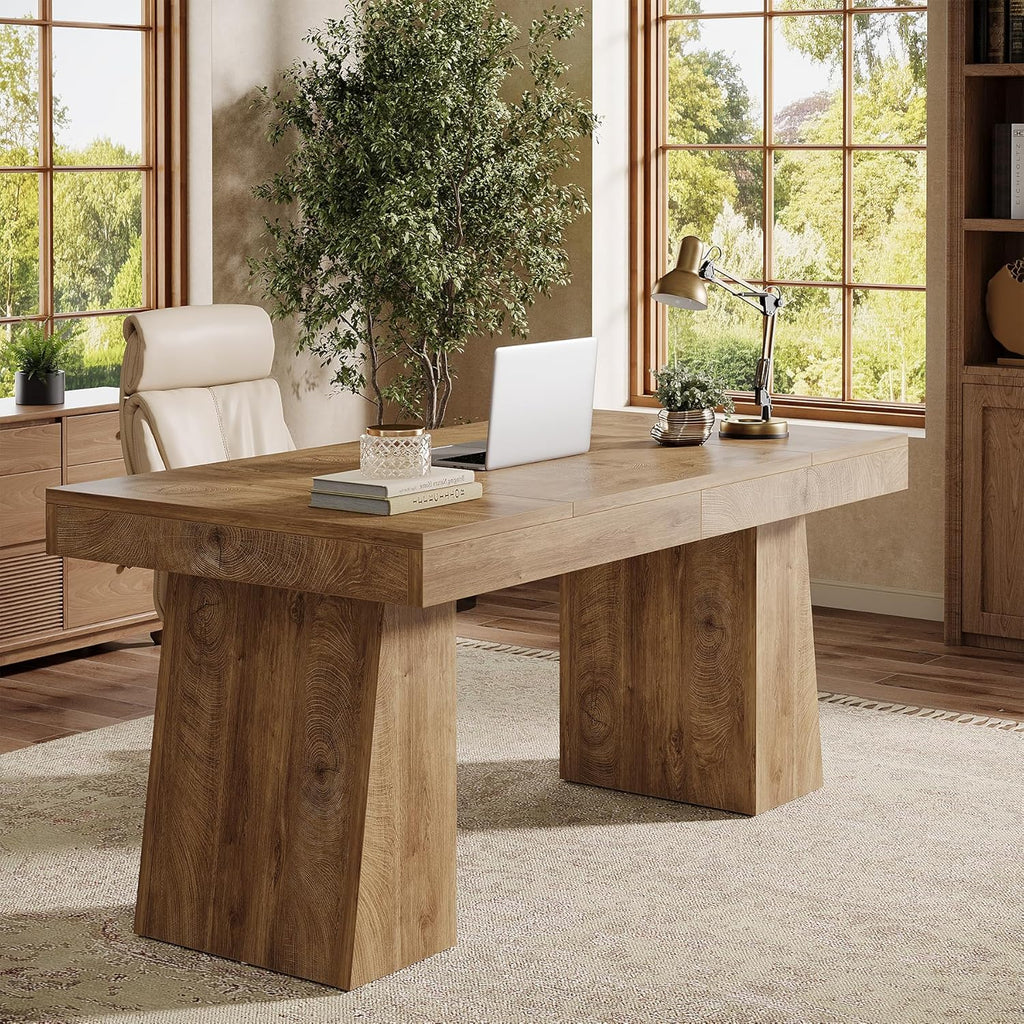 55" Executive Desk, Wooden Office Desk with Double Pedestal, Modern Simple Computer Writing Table, Light Brown