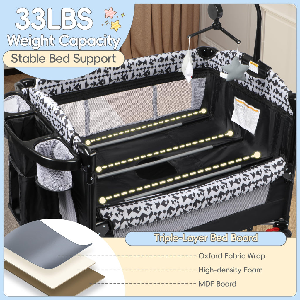 5-in-1 Play Yard, Baby Bassinet Bedside Sleeper with Diaper Changer, Storage Bag & Music Box, Portable Baby Crib