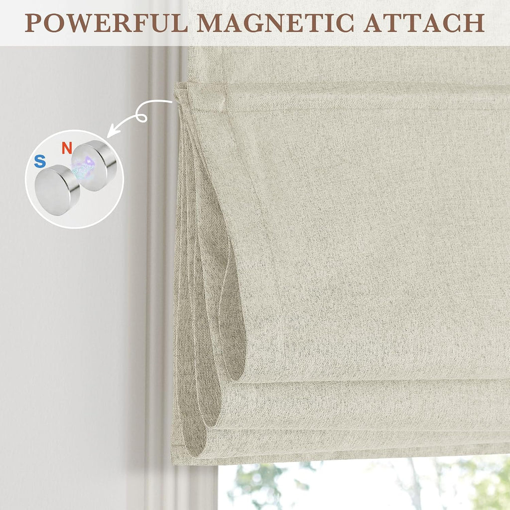 100%Blackout Roman Shades for Windows, Linen Fabric No Drill Magnetic Blind with Adhesive Tape, Thermal Insulation