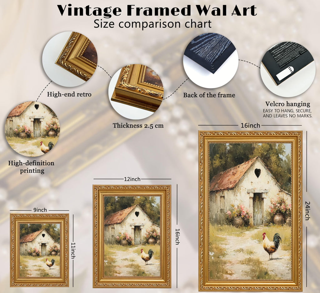 Vintage Farmhouse Rooster Framed Wall Art