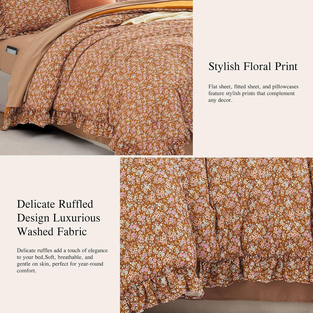 Queen Comforter Set - 7 Pieces Ruffle Brown Bedding Sets, Shabby Chic Farmhouse Bed in a Bag with Ruffle Comforter