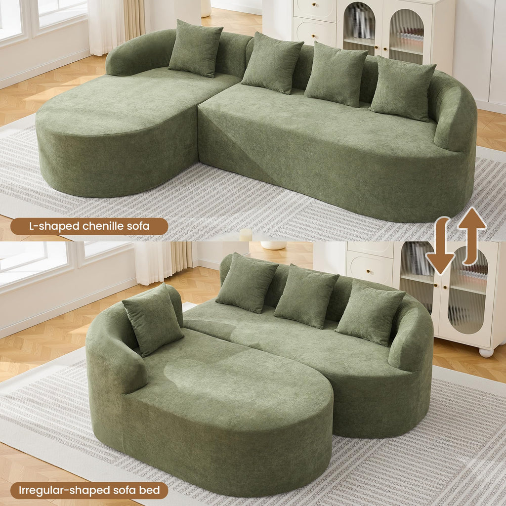 105" Boneless L Shaped Couch, Curved Sofas, Chenille Green