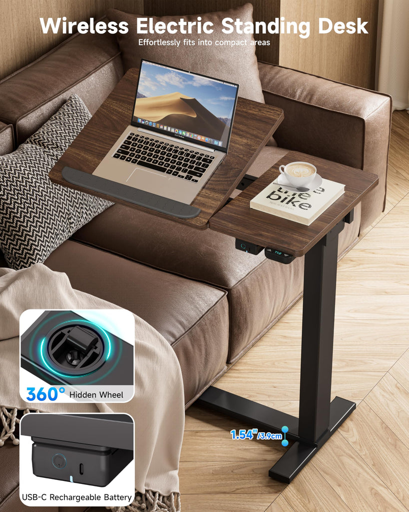 Small Electric Standing Desk, Overbed Table Wireless Tilt Top with Hidden Wheels, 27.6×15.8 Inch Adjustable Rolling