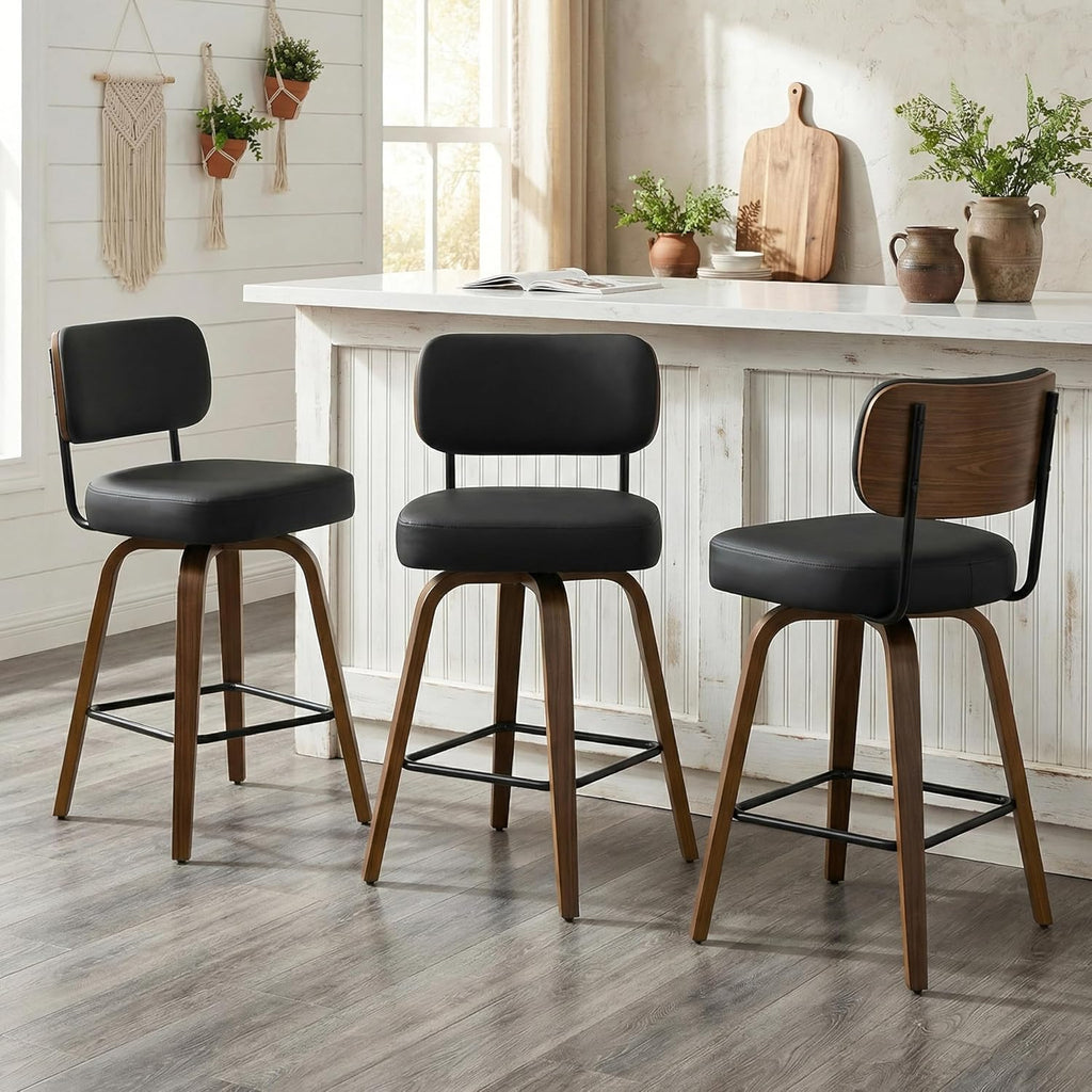 Swivel Bar Stools Set of 3, 26" Upholstered Counter Height Bar Stools with Back and Walnut Wood Legs, Faux Leather
