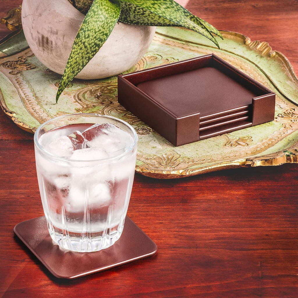 Chocolate Brown Genuine Leather 4" Round Coaster Set
