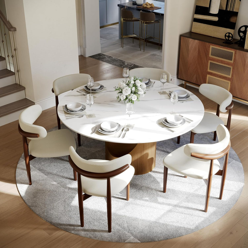 59" Round Dining Table for 6, Glossy White Sintered Stone Dining Tabletop with Bronze Carbon Steel Pedestal, Modern