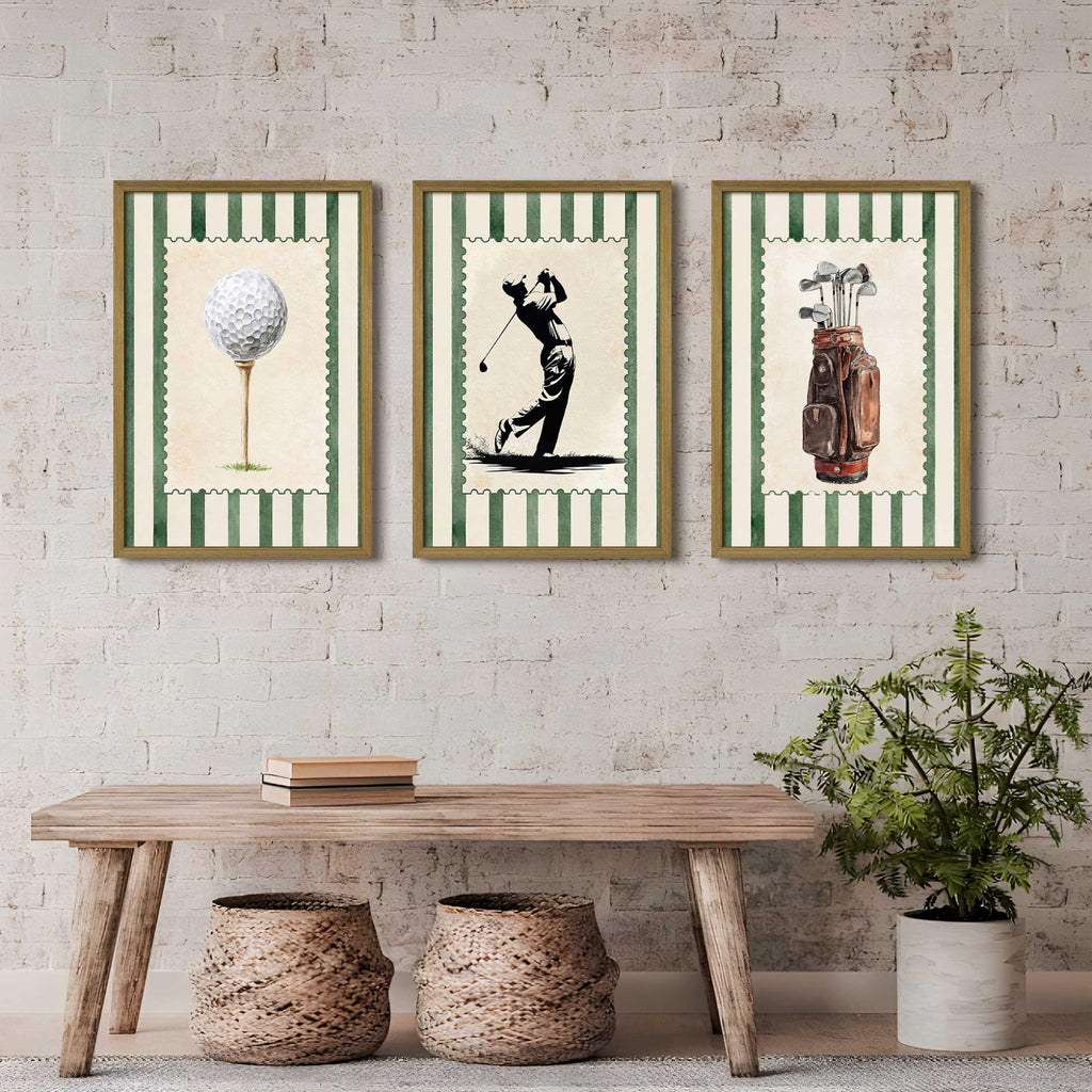 Vintage Golf Wall Art Set of 3 Canvas, Sports Framed Poster, Neutral Country Club Painting for Preppy Home Wall
