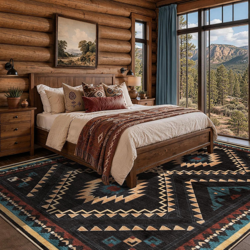 Western Rugs, Machine Washable Soft Non-Slip Aztec Area Rug, Low-Pile Southwest Non-Shedding Foldable Dining