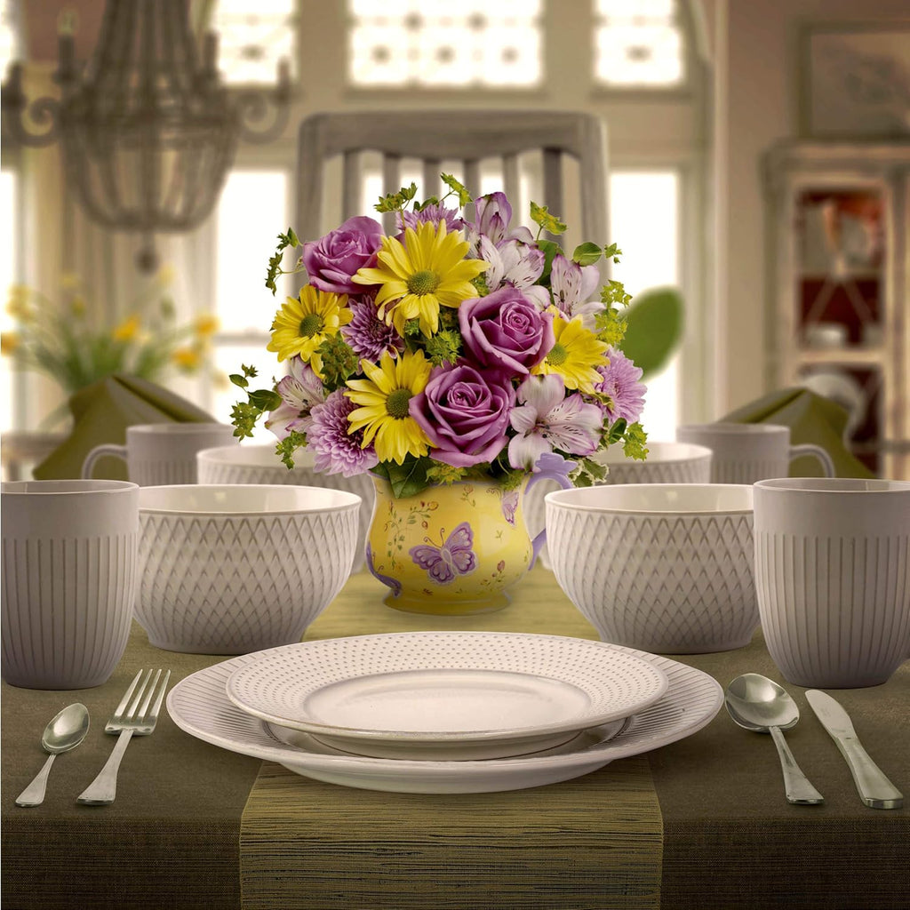 Market Finds 16 Piece Round Stoneware Dinnerware Set in Embossed White