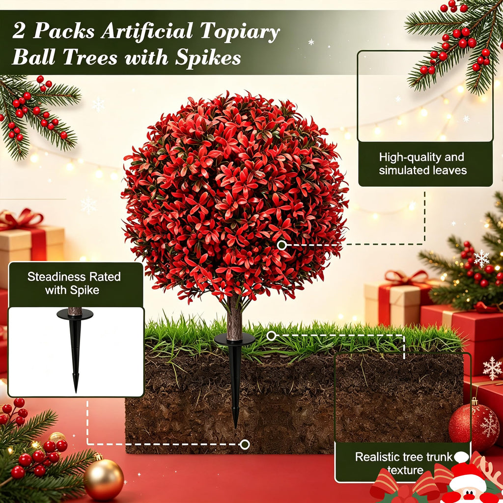 2Pack UV Resistant Red Artificial Boxwood Topiary Fake Plant