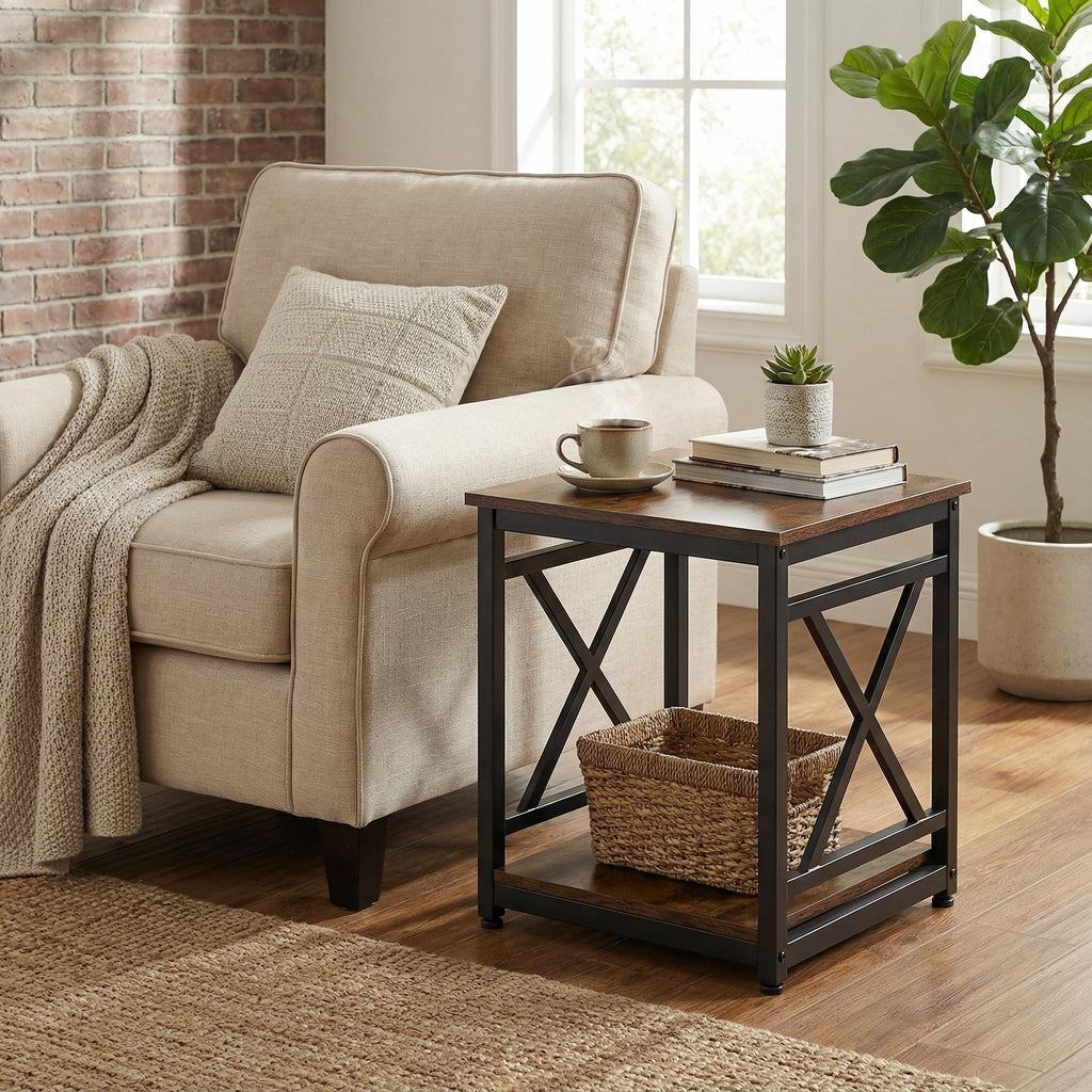 Industrial End Table, 18" Square Side Table with 2-Tier Storage Shelf, X-Design Metal Frame, Rustic Brown Nightstand