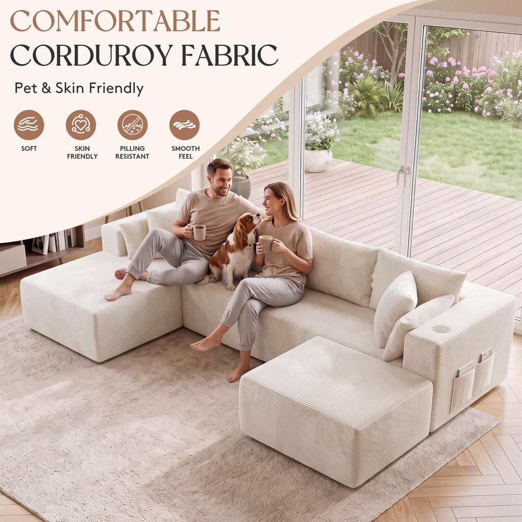 130" Cloud Sectional Boneless Couches, Modular U Shaped Couch with Deep Seat, Removable Ottoman, Memory Foam