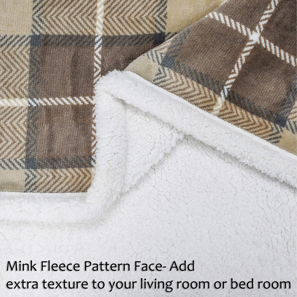 Beige Buffalo Plaid Decorative Throw TV Sherpa Blanket 50" x 60"
