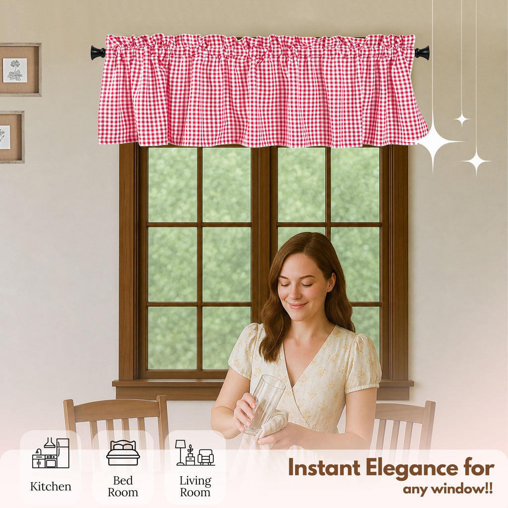 Gingham Check 2 Pack Kitchen Valance Set - Rod Pocket - Semi Sheer - Small Window Curtain, Bedroom, Living Room
