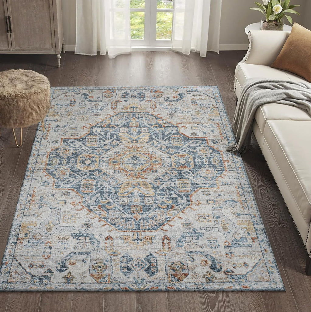 Machine Washable Indoor Area Rug Cream/Blue/Terra, Shaemus Bohemian Medallion Low-Pile, Easy-Cleaning