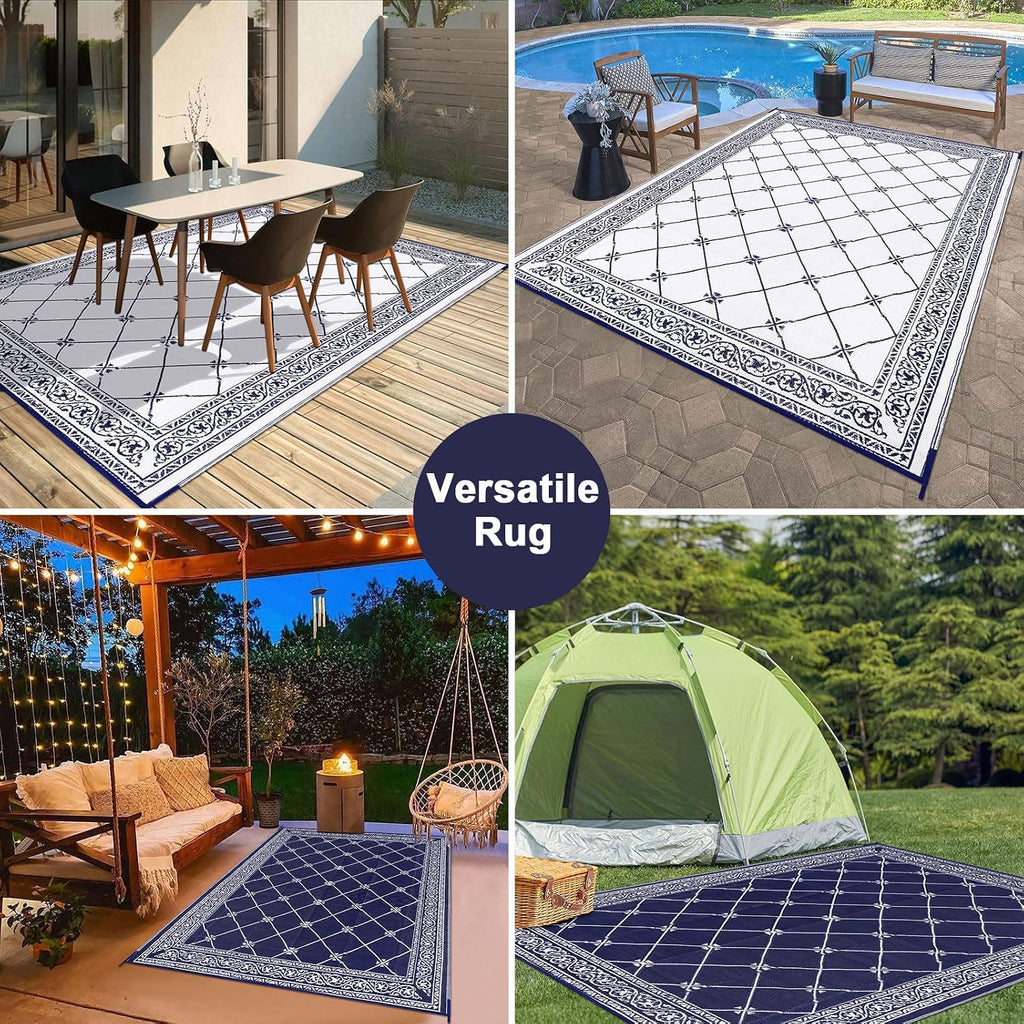 Outdoor Rug 8'x10' s, Waterproof Trellis Blue & White Outside Mat for Front Porch,Beach, Reversible Plastic Straw