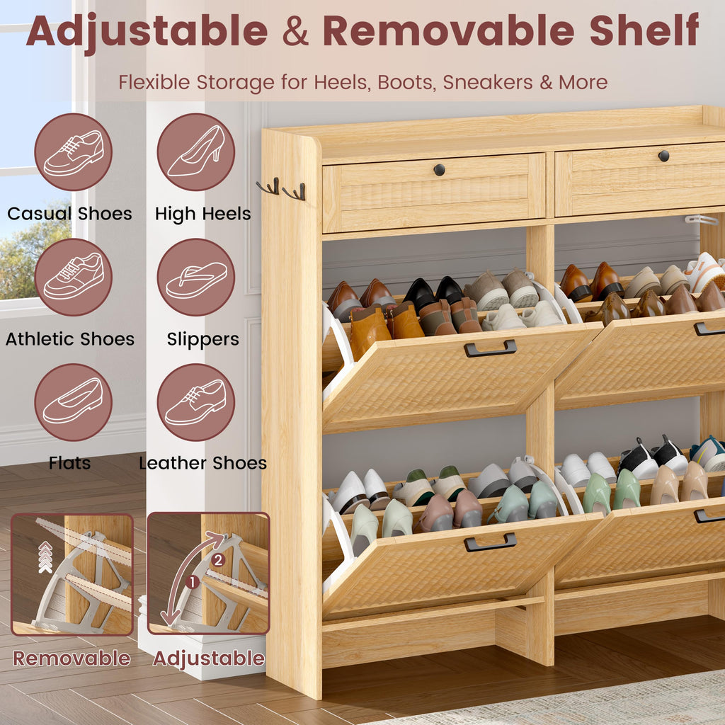 Fluted Shoe Cabinet, 4 Flip & 2 Top Drawers, Oak