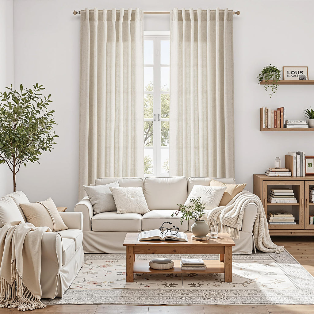 Warm Beige Linen Curtains 90 Inch Long 2 Panels Set Living Room Linen Textured Window Drapes Semi Sheer Light