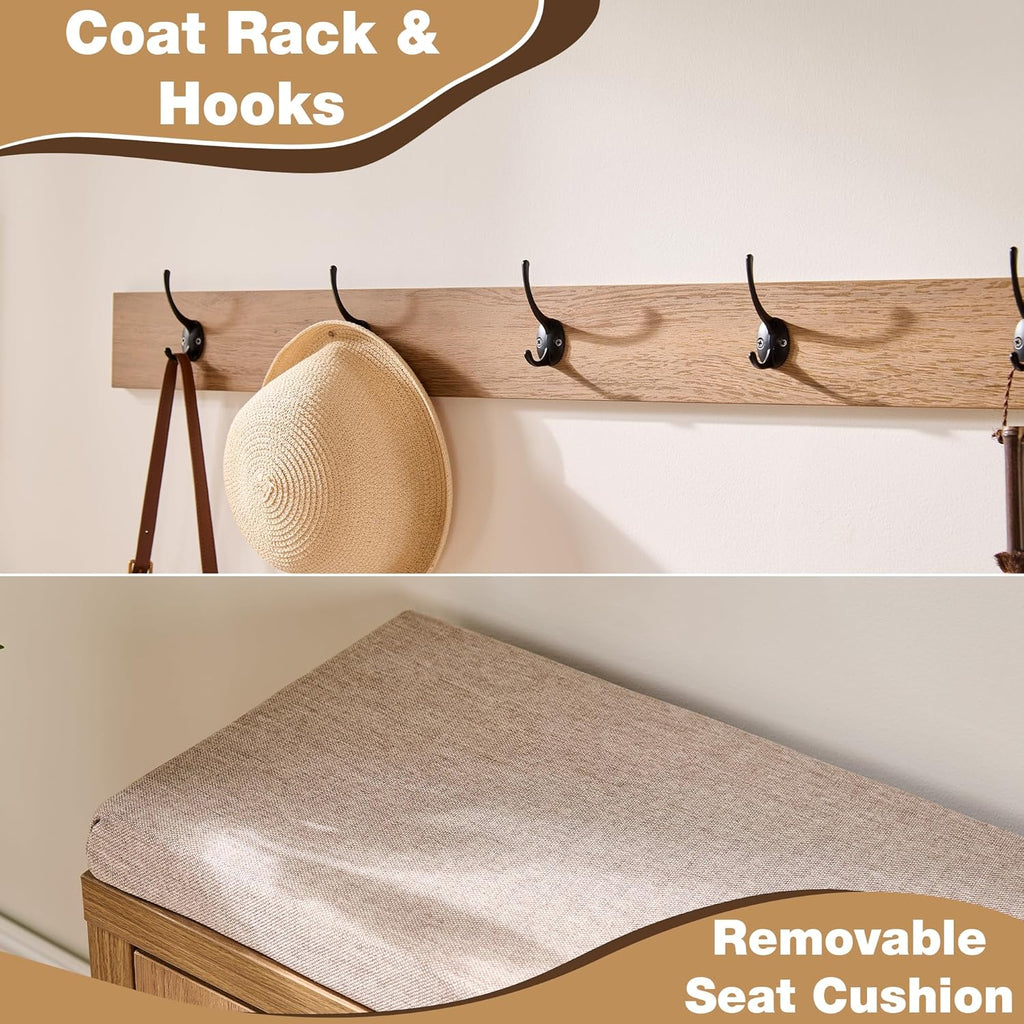 Rattan Narrow Entryway Bench with Shoe Storage, 2 Flip Drawers & Coat Rack, Mid-Century Modern Wood Shoe Cabinet with