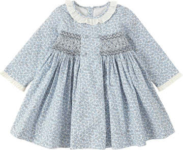 Kids Baby Girls Casual Floral Print Dress | Toddler Smocking Long Sleeve Dresses with Ruffle Collar for Holiday