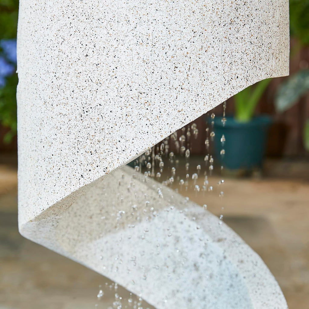 Outdoor Water Fountain with LED Light, Decorative Tiered Curved Waterfall Fountain with Stone Planter, Faux Terrazzo