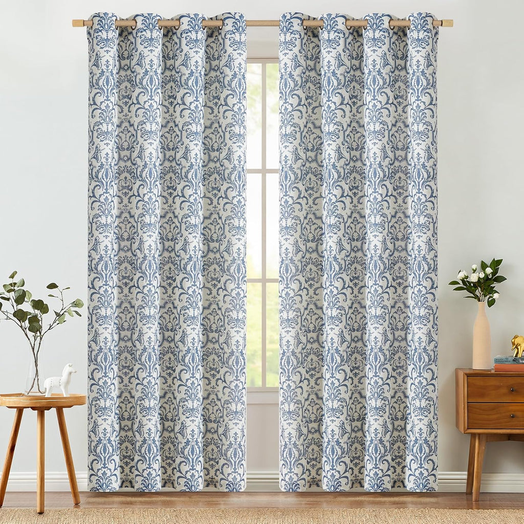 Blue Linen Curtains Light Flitering Grommet 96 Inch 2 Panels