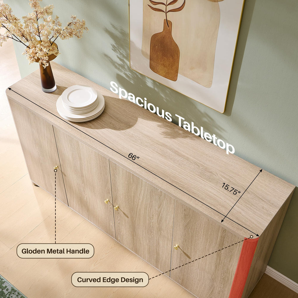 Curved Buffet Cabinet with Doors, 66" Large Sideboard Buffet Storage Cabinet with 4 Doors and Shleves, Modern Coffee