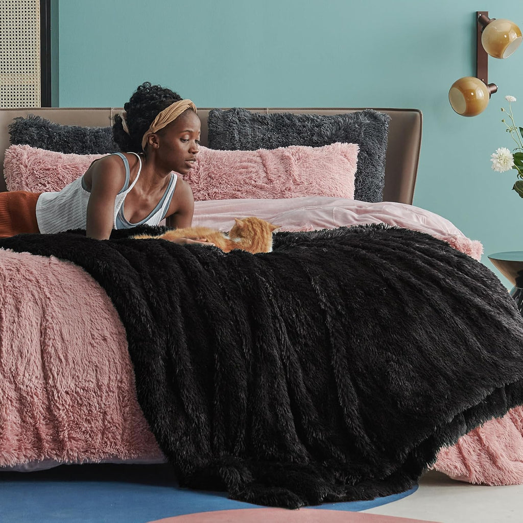 Faux Fur Fluffy Sherpa Fleece King Bed Blanket Black 108"x90" | Fuzzy Plush, Thick Warm, Fall, Comfort Cozy Soft Home