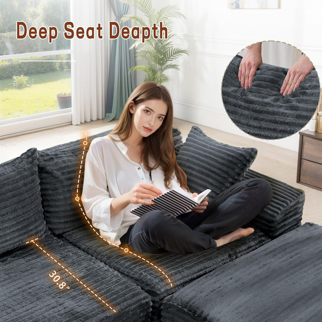 110" L-Shaped Modular Sectional Sofa with Chaise, Boneless Comfy Corduroy Fluffy Couch with Deep Seat and Side Pockets