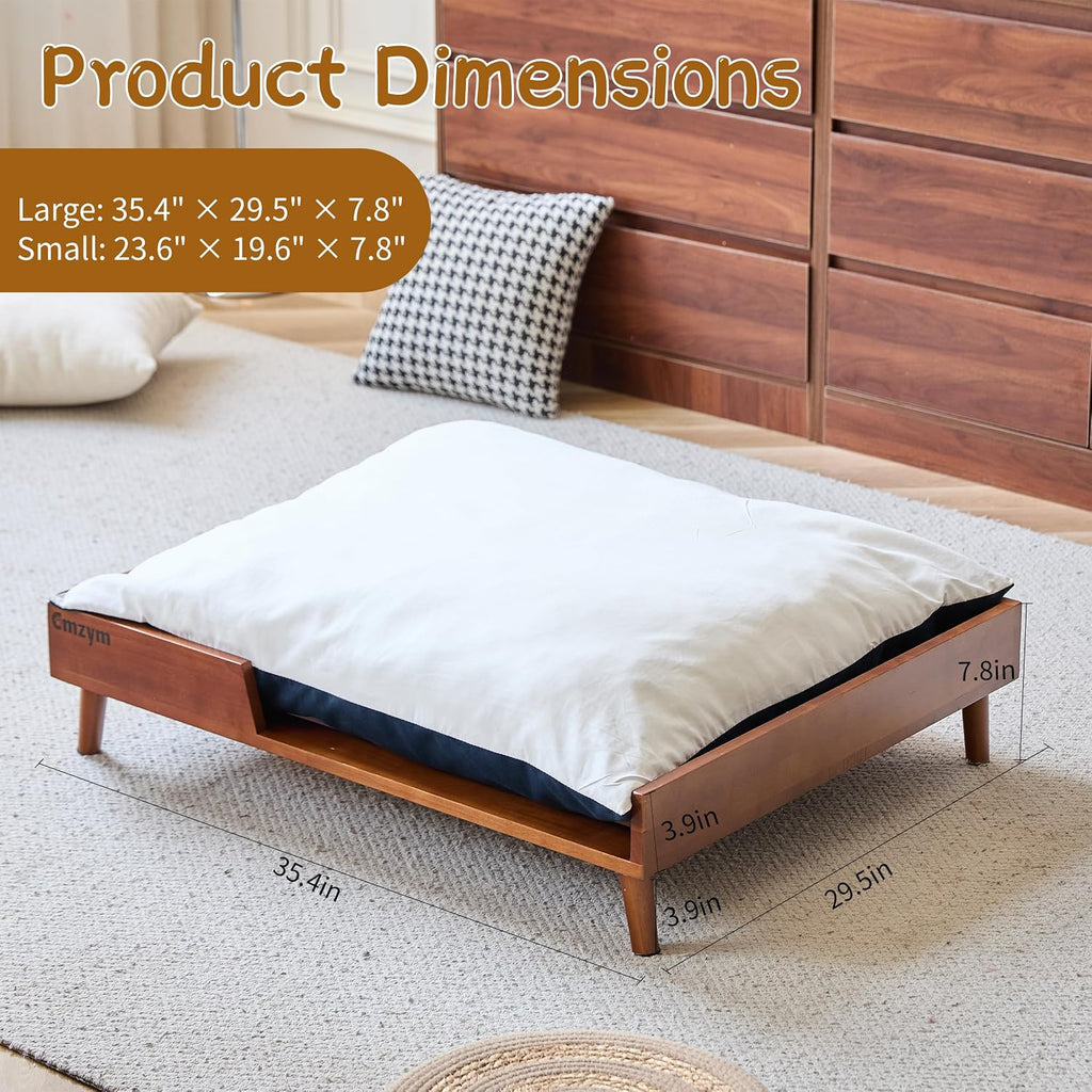 Elevated Dog Bed, Solid Wood Raised Pet Bed Frame with Cushion, Large