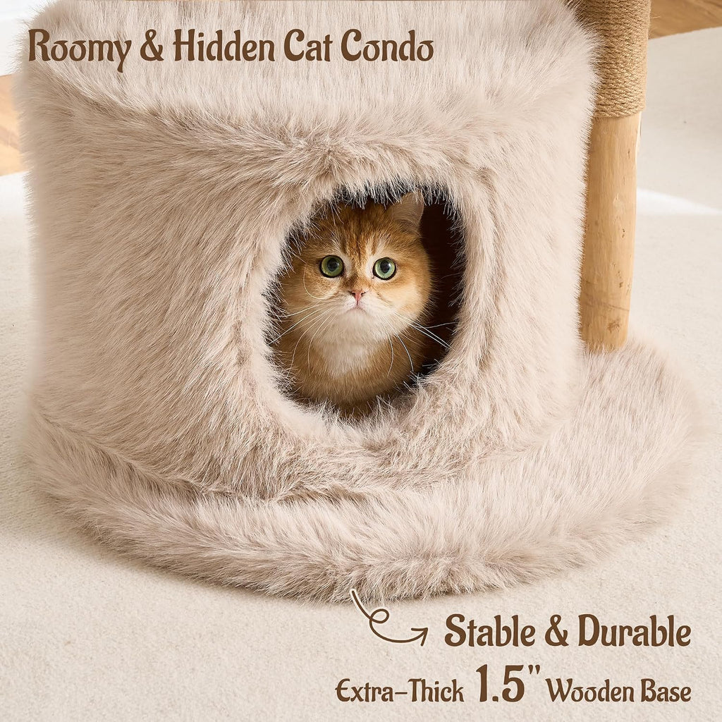 54" Modern Aesthetic Cat Tree Tower for Indoor Cats with Branch-Style Natural Wood Scratching Posts, Luxury Plush