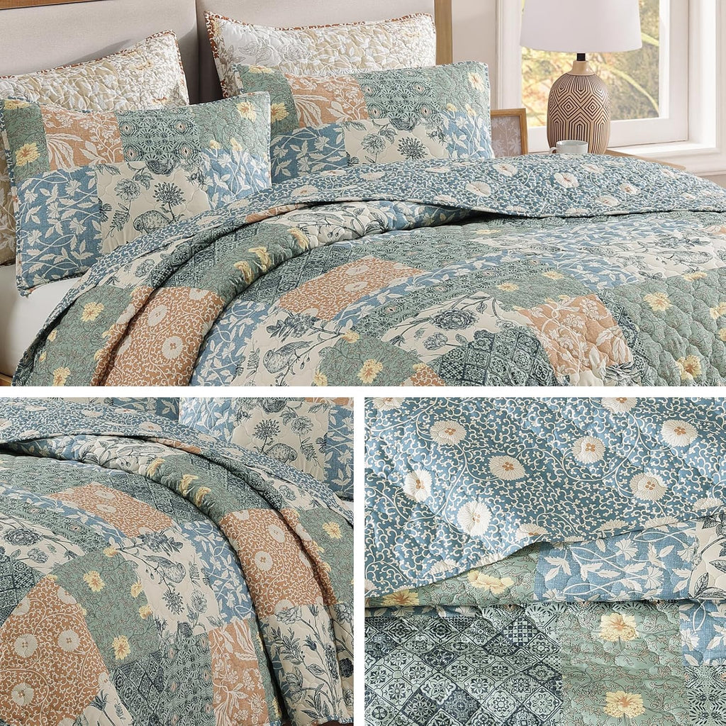 Queen Quilt Set - 3 Pieces Patchwork Green Quilt Bedding Set, Lightweight Queen Bedspread Coverlet, Reversible Floral