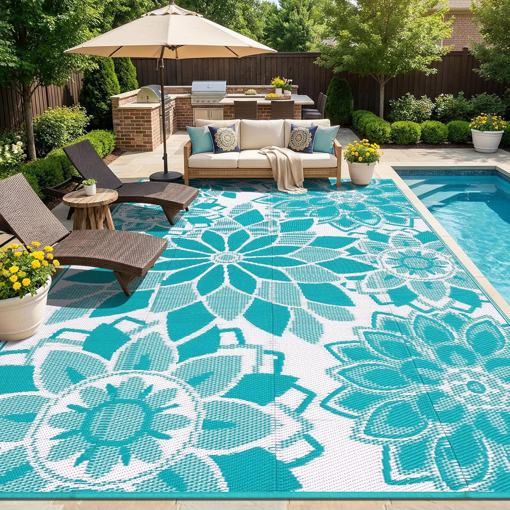 Outdoor Rug for Patio 9x12 ft Reversible Plastic Straw Patio Camping Rug, Floral Waterproof RV Mat f