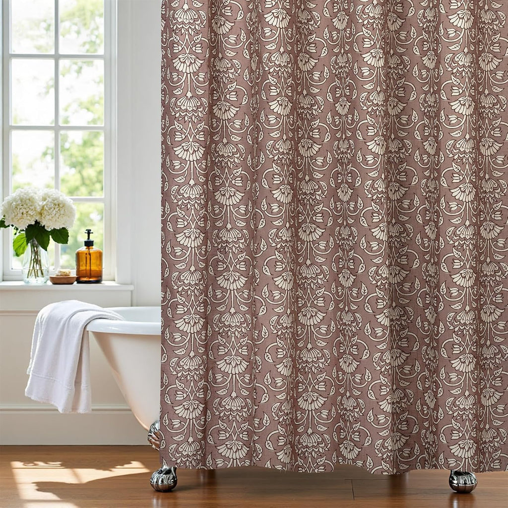 Camel Shower Curtain Vintage Floral Block Print - 72x72 Inches,Cotton Blend Cloth Fabric,Neutral Farmhouse Decorative