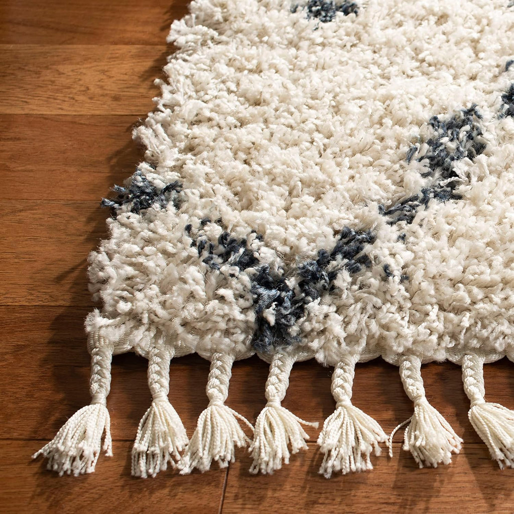 Pro Luxe Shag Collection Area Rug - 5' x 8', Cream & Blue, Moroccan Boho Tassel Design, Non-Shedding & Easy Care