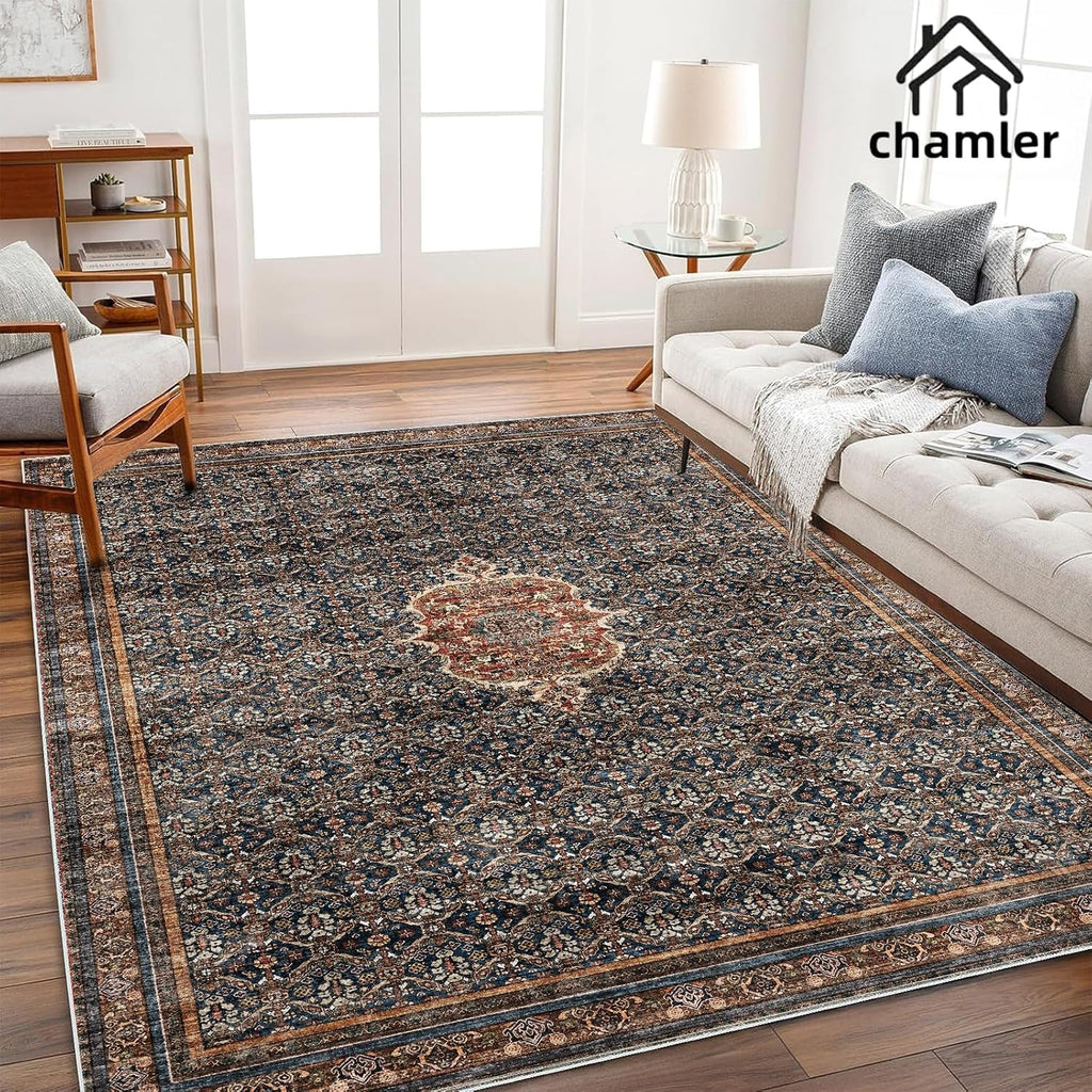 Washable Area Rug Boho Chic Medallion Distressed Design Non-Shedding Easy Care Ideal for High Traffic Areas