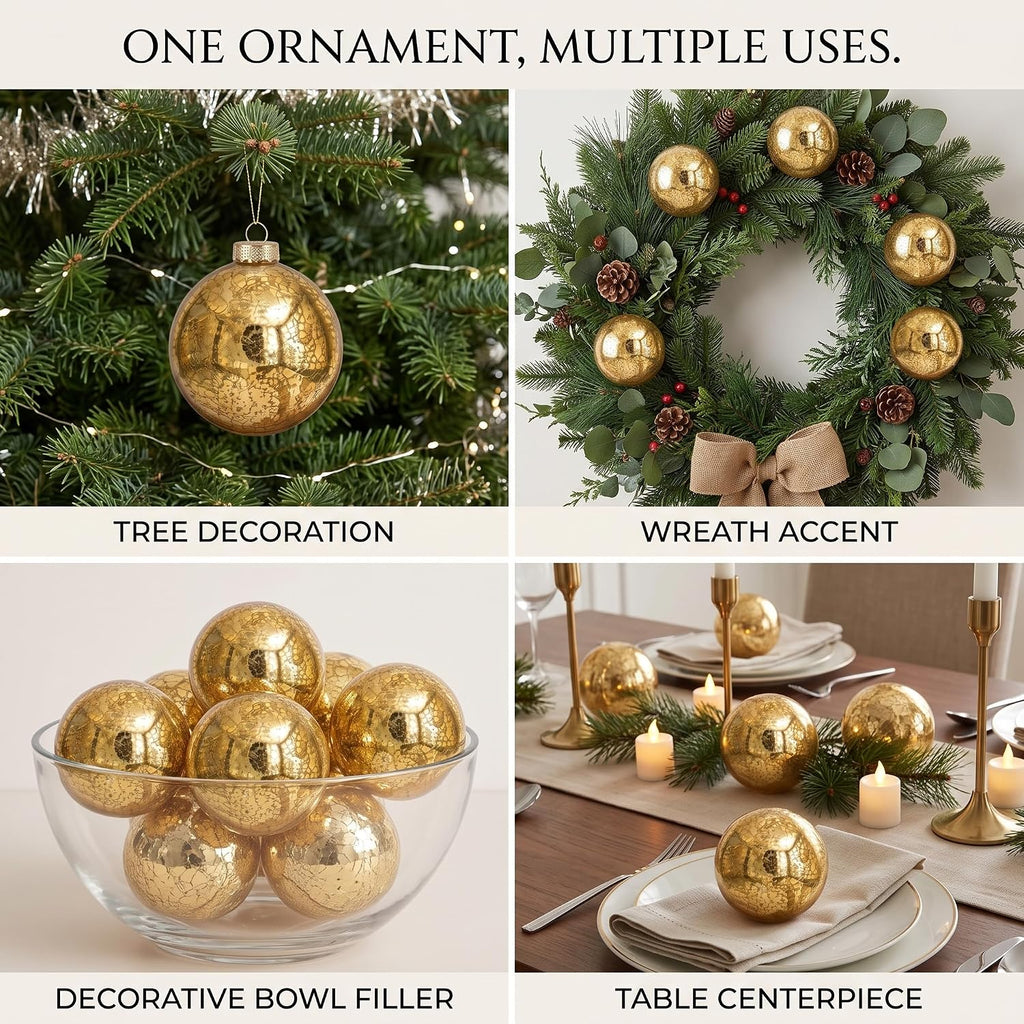 Gold Mercury Glass Christmas Ornaments, 3.15'' Vintage Xmas Hanging Baubles