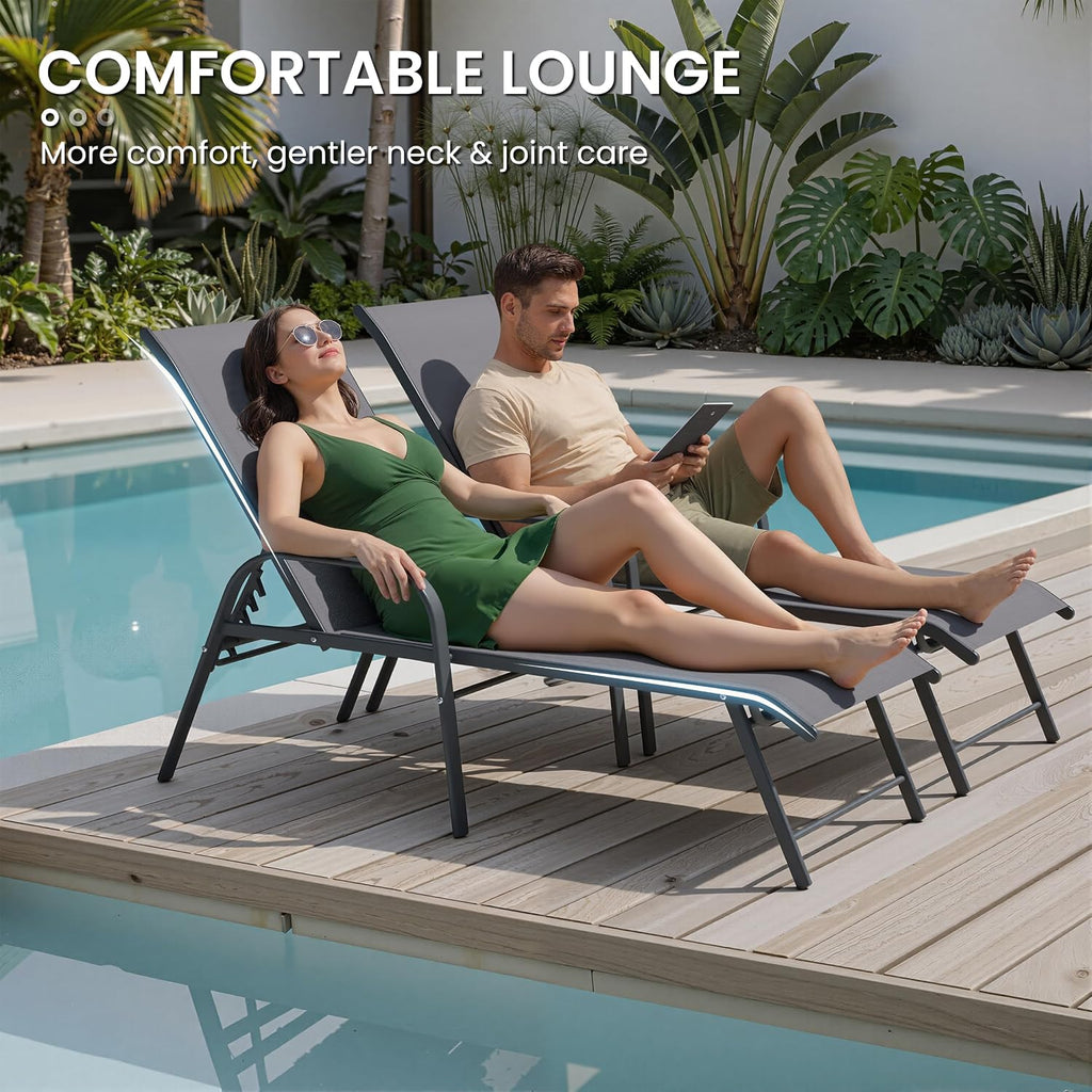 Chaise Lounge Outdoor, Aluminum Pool Lounge Chairs Set of 4 (Gray) | 5-Position Adjustable Backrest with Armrests