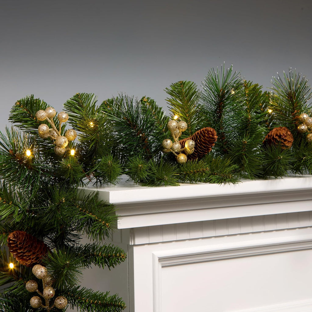 Tree Company Pre-lit Artificial Christmas Garland, Green, Crestwood Gold Spruce, Silver Bristle, Pinecones, Gold