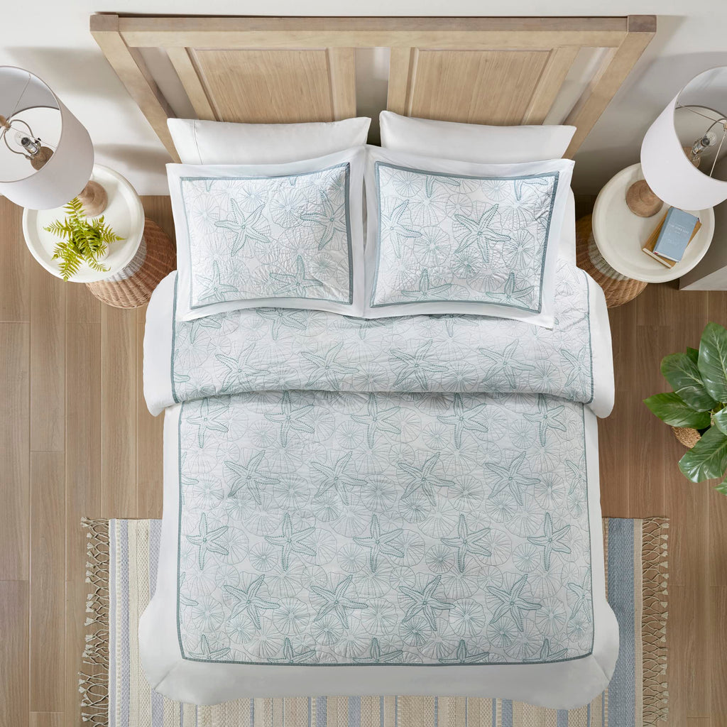 100% Cotton Duvet Cover, Embroidered Coastal Seashells, Starfish Duvet Cover Set - Light Weight Bed Comforter Covers