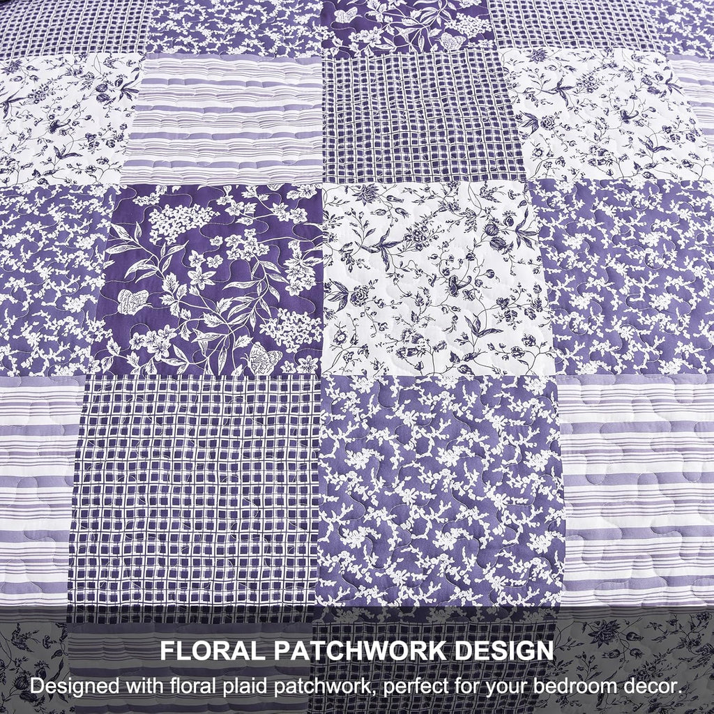 Quilt Set Queen,3 Pieces Boho Floral Plaid Bedspread Coverlet Set for All Season,Patchwork Reversible Bedding Set