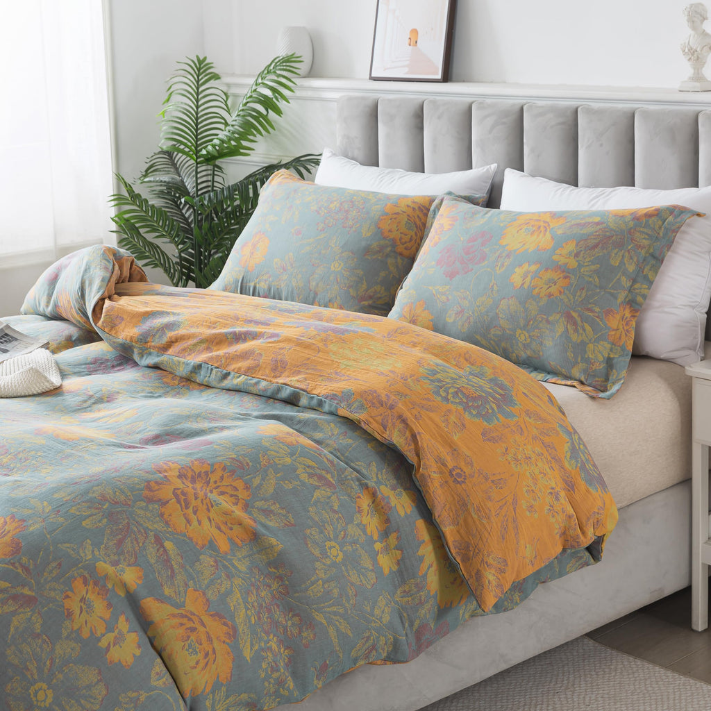 Flower 3Pcs Duvet Cover Set, 100% Double Layer Washed Cotton Gauze Lightweight Soft Breathable Farmhouse Floral