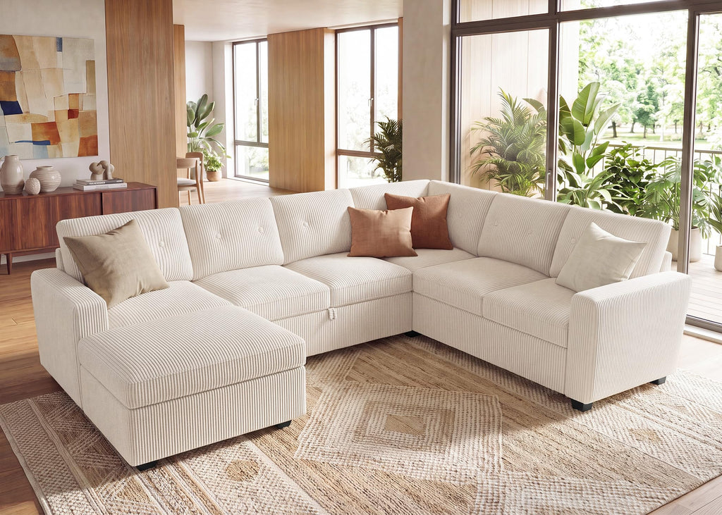 Corduroy Sectional Sleeper Sofa with Pull Out Bed, 7 Seaters 106 Inch U Shaped Setional Couch, Beige